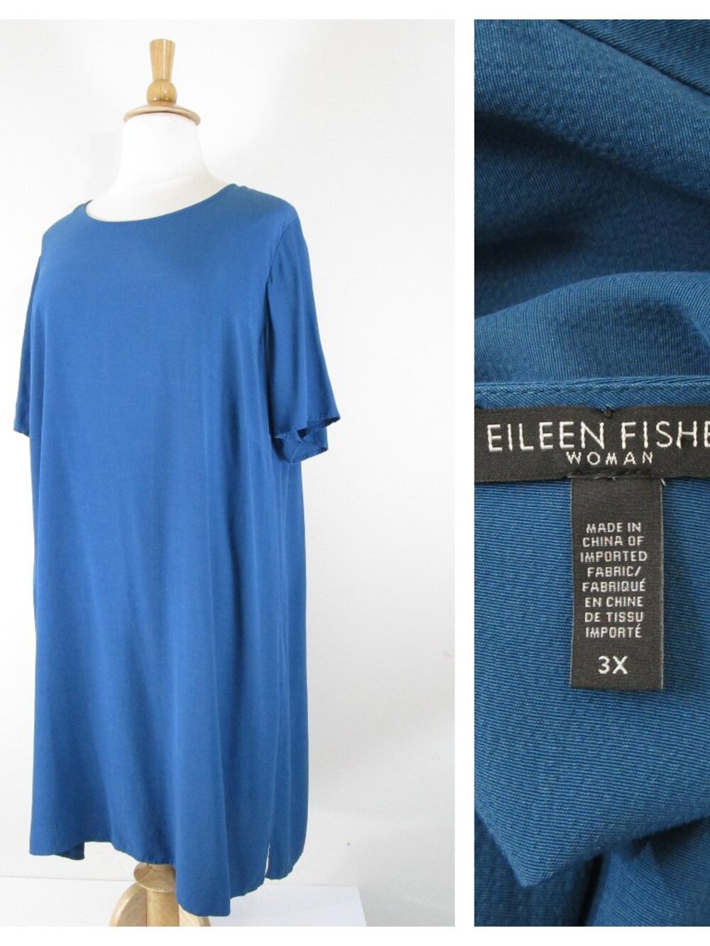 Eileen Fisher Womens Plus Size Solid Blue Teal Half Sleeve Shift Dress Size 3X